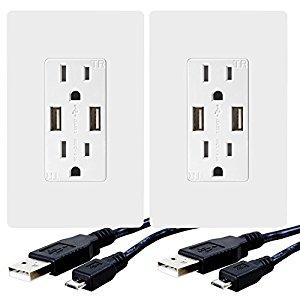 TOPGREENER TU2154A 4A High Speed Dual USB Charger Outlet, Micro-USB to USB Cable 3Ft, Wall Plates, 2-PACK, White