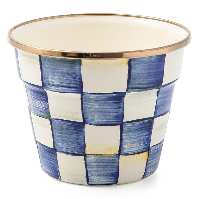 MACKENZIE-CHILDS Enamel Garden Pot, Decorative Pot for Plants, Outdoor Flowerpot Decor, Small, Blue-and-White Royal Check