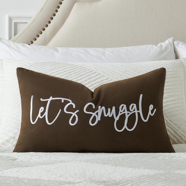 Sunkifover Let's Snuggle Decorative Lumbar Pillow Cover - 12x20 Inch Brown and White Cotton Embroidery Throw Pillowcase for Bed, Bedroom, Living Room, Home Decor