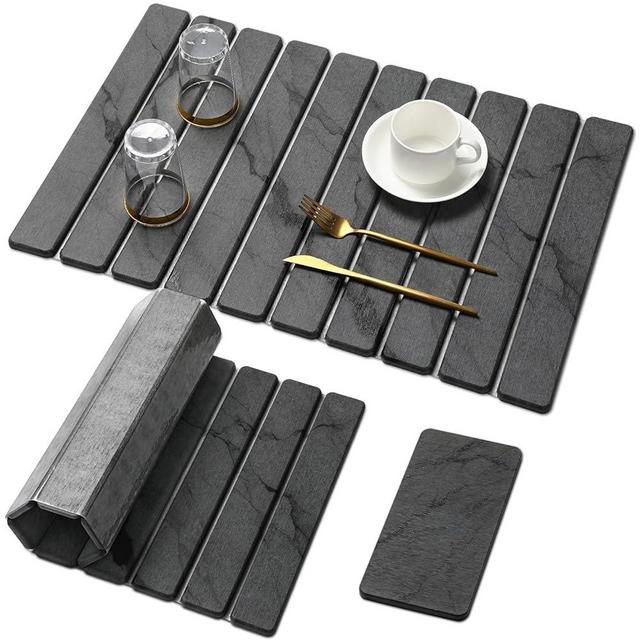 2 PCS 24"×16" & 8“x4" Large Stone Dish Drying Mat for Kitchen Counter,Quick Dry Stone Dishes Mats,Marbled Water Absorbing Diatomaceous Earth Drying Pad for Countertop Bottles Utensils Cups, Black Gray