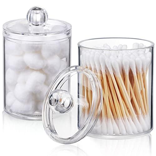 AOZITA 2 Pack Qtip Holder Dispenser for Cotton Ball, Cotton Swab, Cotton Round Pads, Floss - 10 oz Clear Plastic Apothecary Jar for Bathroom Canister Storage Organization, Vanity Makeup Organizer