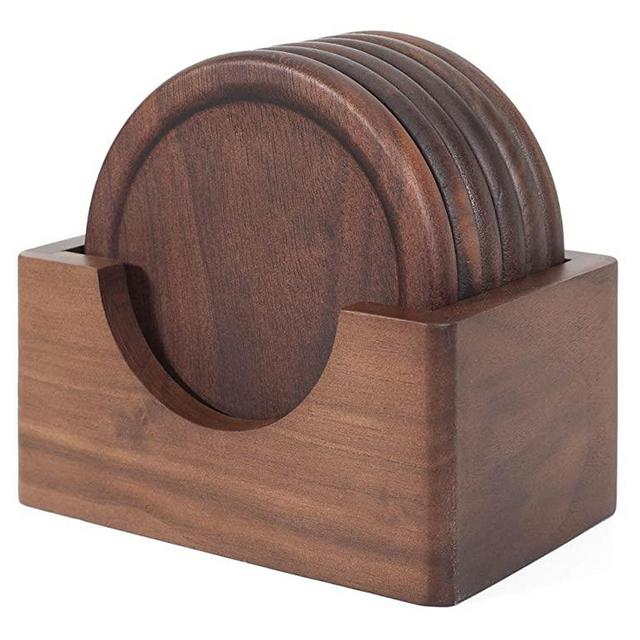 Wood Coaster,Coffee Coaster, Beer Coaster.Walnut Dark Wood Coaster, 7-Piece Coaster Set, Holder Included (Black walnut)
