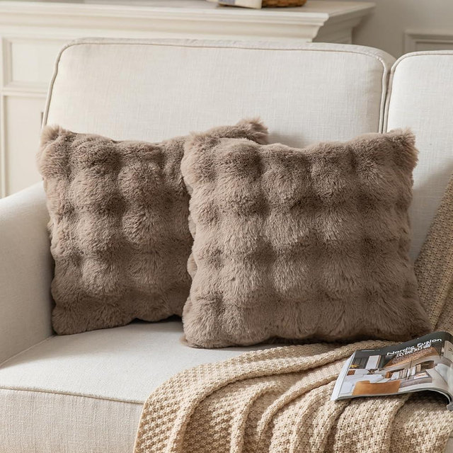 Joyouth Pack of 2 Thick Plush Throw Pillow Covers Fluffy Wave Faux Fur Decorative Cushion Covers Soft Wool Pillowcase for Sofa Couch Livingroom 22x22 Inch Taupe