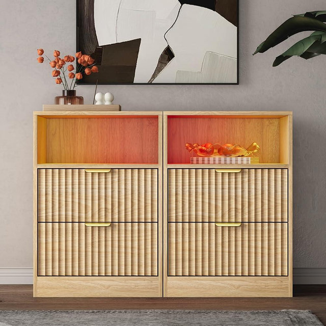 Wodeer Fluted Nightstand Set of 2, LED Nightstand with Charging Station, Wood Nightstands with 2 Drawers & Metal Handles, Modern Bedside Table & End Tables, Farmhouse Night Stands for Bedroom, Natural