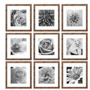eletecpro 12x12 Picture Frames Set of 9 Classic Gallery Wall Frame Set Displays 8x8 Photo with Mat or 12x12 without Mat, Square Frames Farmhouse Wall Decor Rustic Brown Home Decor for Hanging