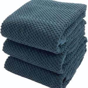 Serafina Home Teal Dark Blue Kitchen Dish Hand Towels 100% Cotton, Set of 3, Oversized 18" x 28"