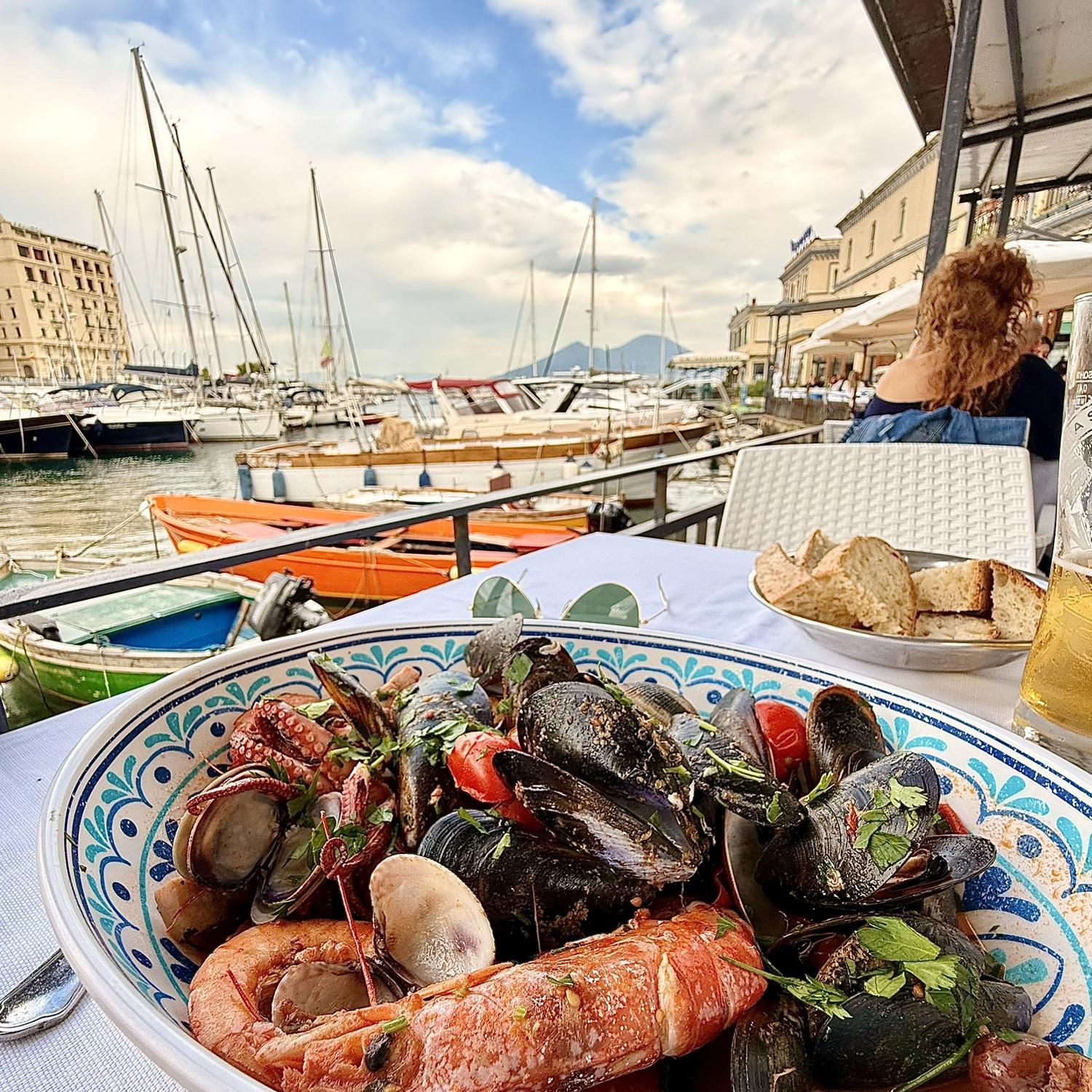 Seafood lunch in the historic Borgo Marinari, Napoli.