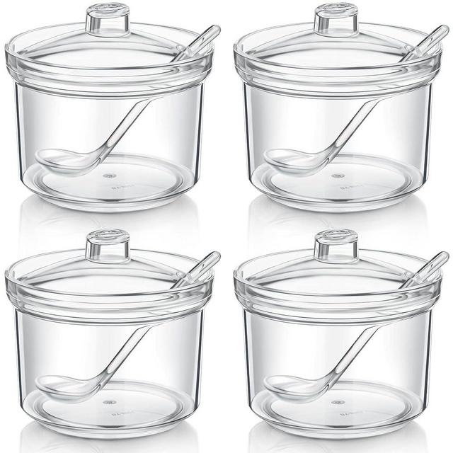 Patelai 4 Pieces Sugar Bowl Acrylic Clear Sugar Bowl with Lid and Salt Spoon Storage Sugar Jar with Airtight Lid for Sugar, Salt, Tea, Spices, Herbs, Condiments (13 oz)