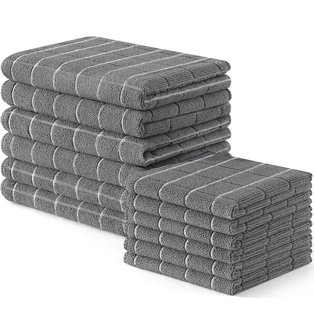 Homaxy Microfiber Kitchen Towels and Dishcloths Set, 12 Pack Soft and Absorbent Dish Hand Towels Bulk, 28 x 16 Inch & 12 x 12 Inch Quick Drying Rags for Washing Dishes, Grey