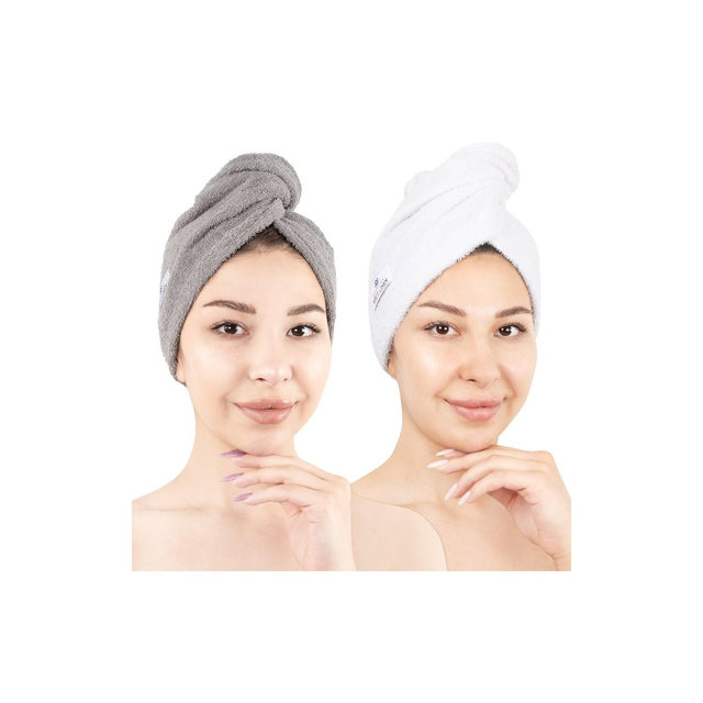 American Soft Linen 100% Cotton Hair Drying Towels for Women, 2 Pack Head Towel Cap, Cotton Hair Turban Towel Wrap, Rockridge-White