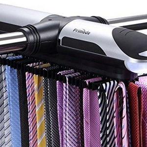 Primode Motorized Tie Rack with LED Lights - Bonus Stainless Steel Tie Clip Set - Stores Up To 72 Ties with 8 Belts, Rotation Operates With Batteries, Includes J Hooks for Wire Shelving