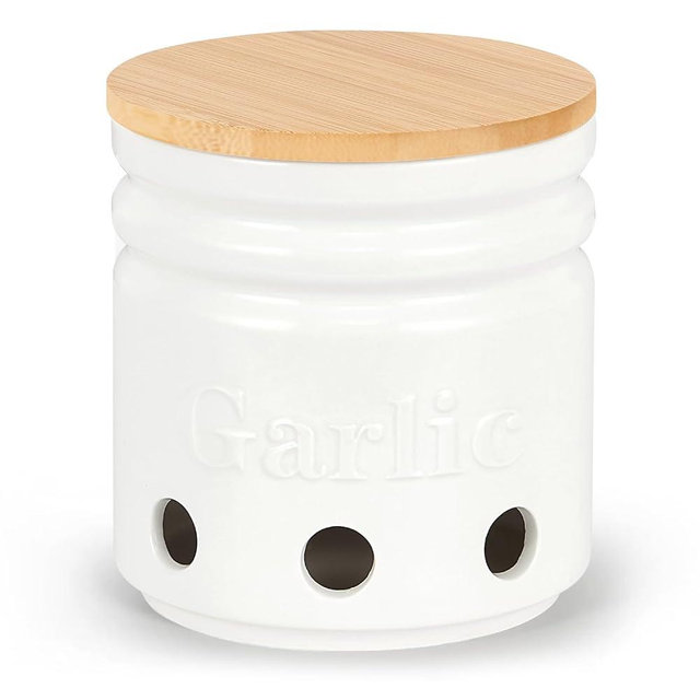 Arglife Garlic Keeper for Counter - Large Ceramic Garlic Saver with Bamboo Lid,Garlic Container to Keep Your Garlic Cloves Fresh Longer,White Garlic Holder Storage for Kitchen