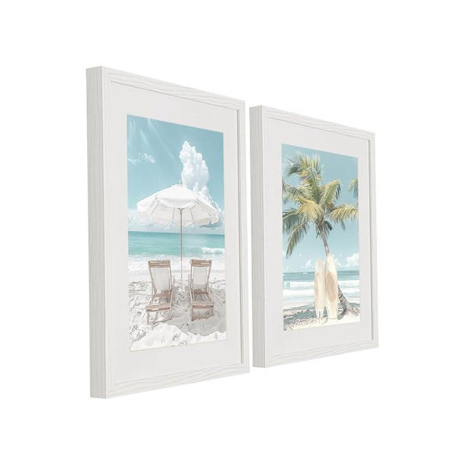 Framed Coastal Beach Wall Art Set of 2 – Relaxing Beach Scene ropical Vacation Decor for Living Room, Bedroom, or Office – White Wood Frame with White Matting - 16 x 20 Inches