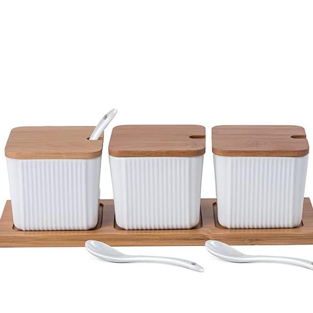 Bruntmor 3 Pcs Kitchen Canister Set, Coffee, Sugar, and Tea Storage Container Jars, Ceramic Condiment Jar Spice Container with Bamboo Lid And Spoons, White