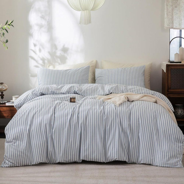 FOSSA Striped Duvet Cover Set 100% Washed Cotton Linen Feel Super Soft Breathable Cozy 3 Pieces Bedding Sets Cornflower Blue White Classic Stripes King