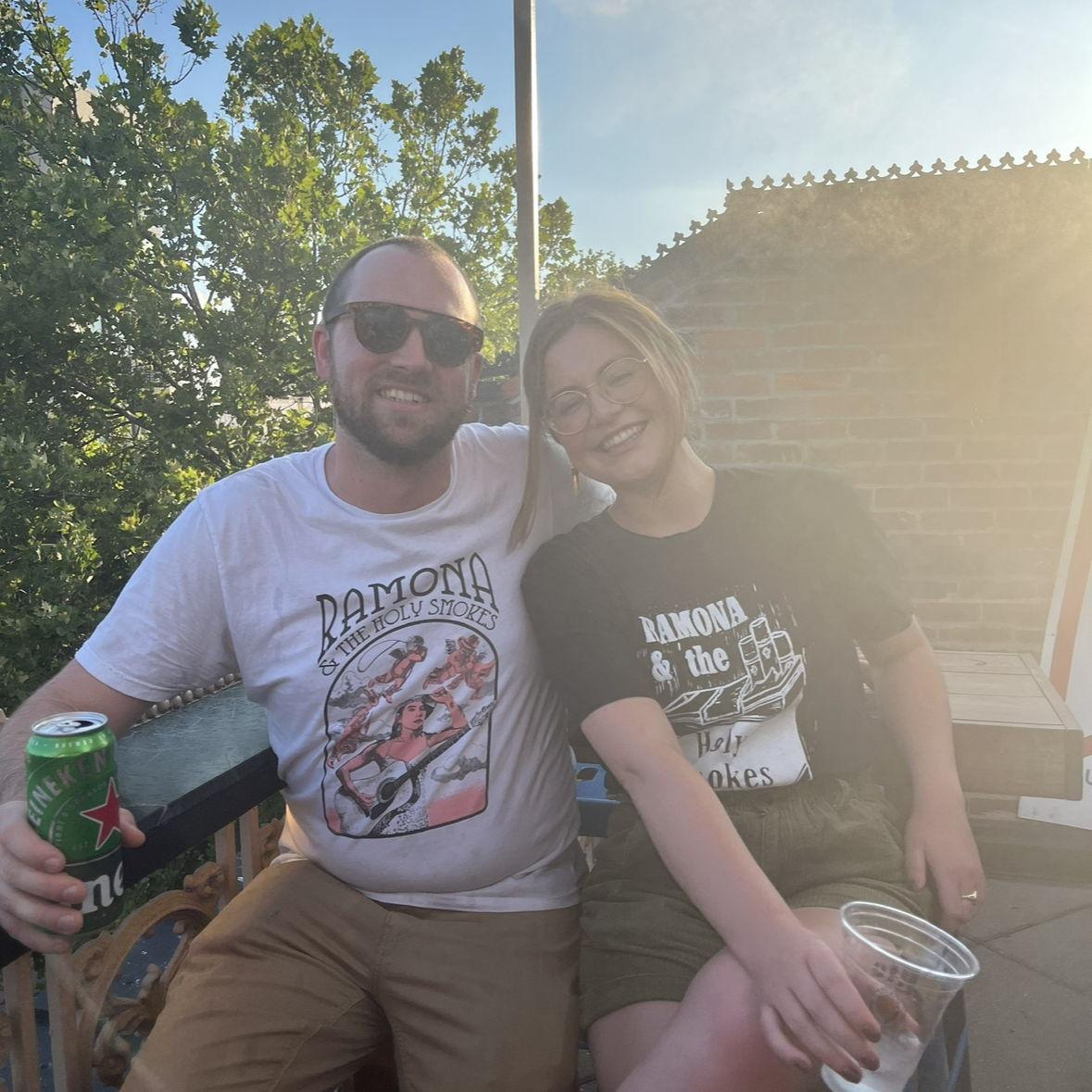 Celebrating our First Maiden's birthday wearing shirts from our favorite band