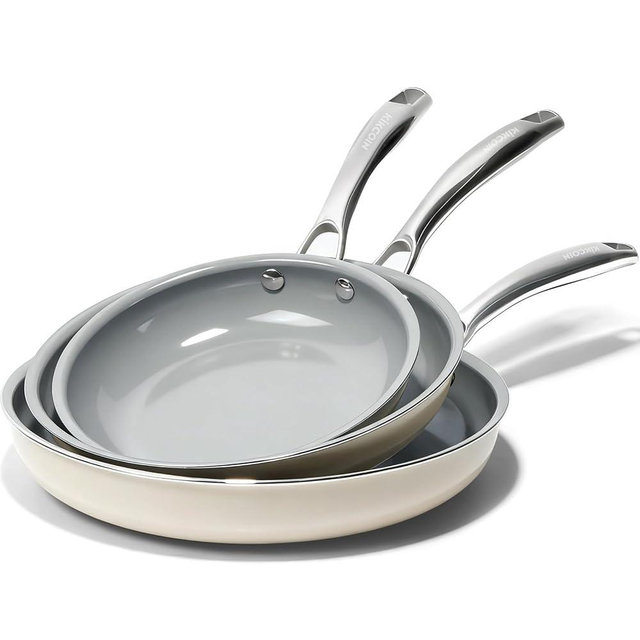 Kikcoin Ceramic Nonstick Frying Pan Skillets - 3 Sizes Omelette Pans for Healthly Cooking, 8+9.5+11 Inch Egg Pan with Stay Cool Handle, Free of PFAS PFOA PTEE, Oven/Dishwasher Safe for Busy Kitchen