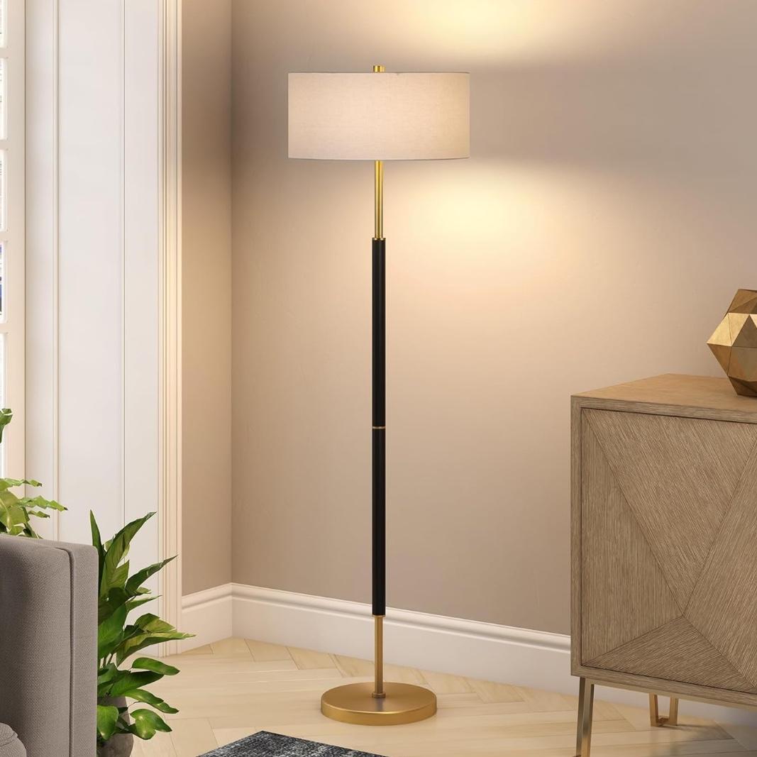 Henn&Hart 2-Light Floor Lamp with Fabric Shade in Matte Black/Brass/White, Floor Lamp for Home Office, Bedroom, Living Room, 61" Tall