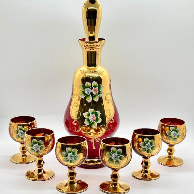 MURANO DECANTER SET | 6 Red Liquor Glasses & Decanter | Murano Salvadori Tre Fuochi | 24k Gold leaf | | Red Murano glass | Vintage Murano