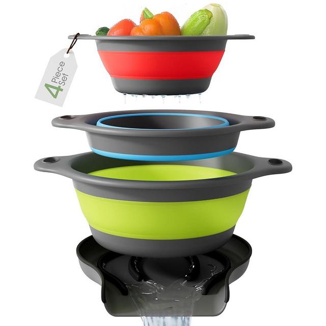 Gevoli Collapsible Colanders with Self-Draining Base for Edge of Sink, Food Strainers (Small/Med/Large), Nested Design for Easy Storage (Red, Blue, Green) (4PC Set)