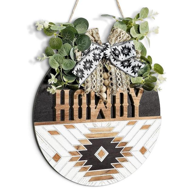 Putuo Decor Aztec Geometric Welcome Sign - 12-Inch Round Wooden Wreath for Front Door, Outdoor Wall Hanging, Perfect for Farmhouse, Porch, All Seasons and Holidays