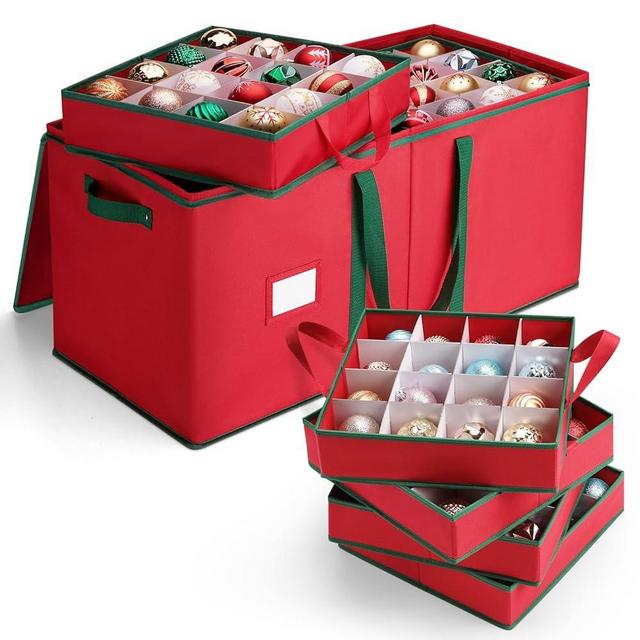 MaidMAX Christmas Ornament Storage Box Holiday Decoration Organizer, 128 Christmas Ball Accessories Holder with Adjustable Dividers, Zippered Closure, 8 Removable Trays, 600D Oxford (RED)