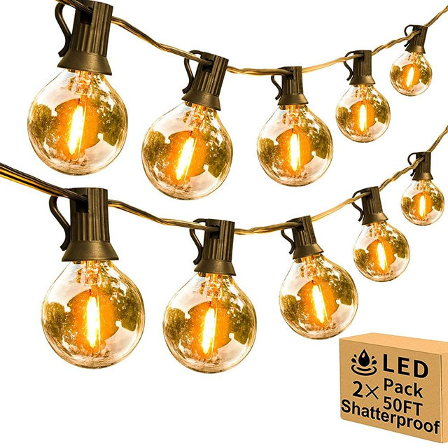 100ft 2-Pack Outdoor String Lights,Dimmable G40 LED String Lights with 52 Shatterproof Clear Bulbs UL Approval Waterproof Globe 1W 2700K Outdoor Lighting for Backyard Porch Cafe Party Wedding Garden