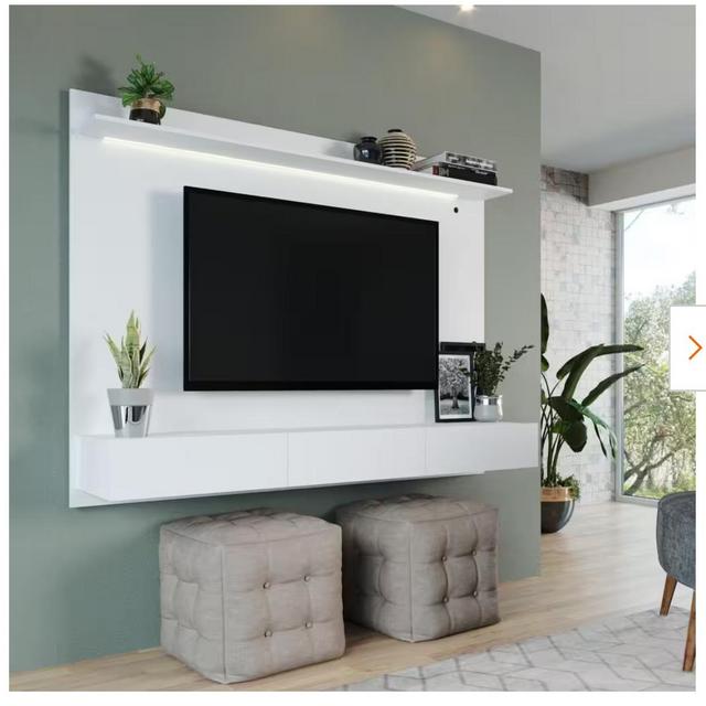 White Wall Mounted Floating Entertainment Center Fits TV up to 75 in., Home Theater with LED Strip, Pull-Out Drawers