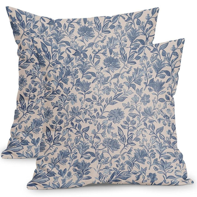 Ancordivo Vintage Floral Pillow Covers 18x18 Inch Set of 2 Antique Flower Block Print Pillowcases Blue Neutral Traditional Cotton Linen Square Cushion Case for Couch Sofa Bed Home Decor