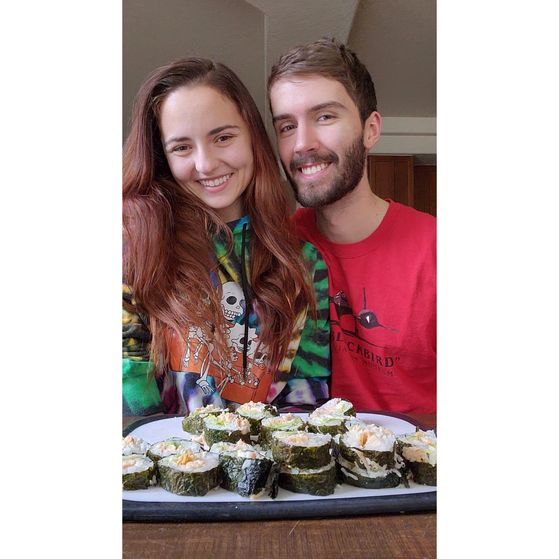 Making sushi together while being snowed in with a not yet house trained puppy