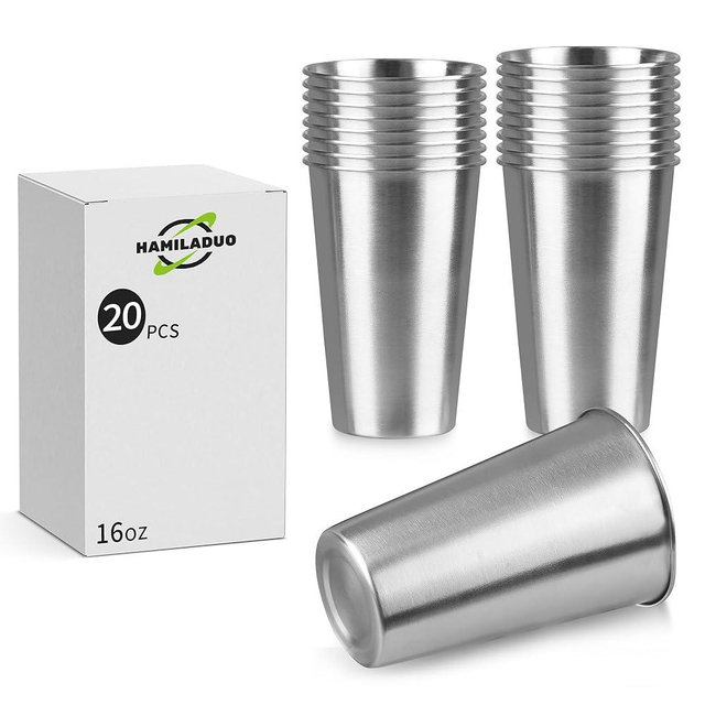 HAMILADUO 20Pack 16 oz Stainless Steel Pint Cups,Stainless Steel Cup,Pint Cup Tumbler，water Tumbler,Stackable,Reusable,BPA Free, (20)