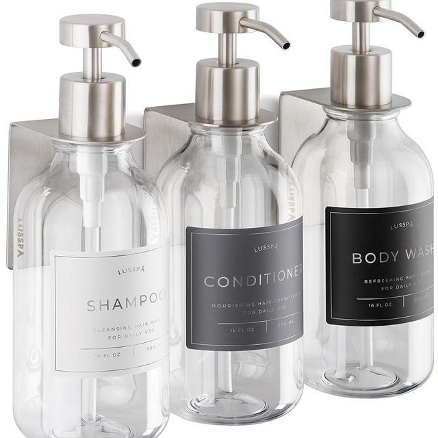 Shampoo & Conditioner Dispenser - Shower Soap Dispenser Wall Mounted - Set of 3 16.9 Oz Plastic Bottles with Pump & Holder - Shampoo Dispenser - Shower Dispenser Chamber No Drill (3 X Clear/Silver)