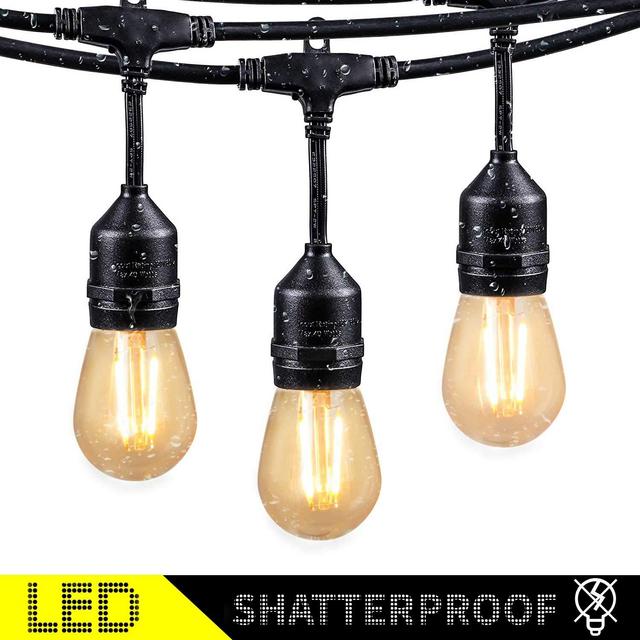 48Ft LED Outdoor String Lights with 15 Dimmable S14 Edison Bulbs, Shatterproof Commercial Grade Hanging Patio Lights for Deck Backyard Bistro Cafe Pergola Gazebo Wedding Garden Vintage Light Decor