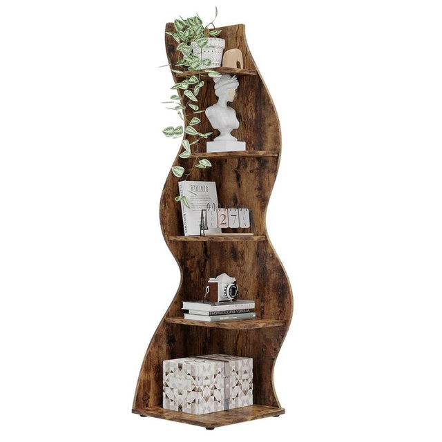 Tribesigns Corner Shelf, Rustic 5-Tier Wall Corner Bookshelf, Stylish Corner Small Bookcase Storage Rack Plant Stand with Unique Shape for Living Room, Home Office (1PC, Brown)