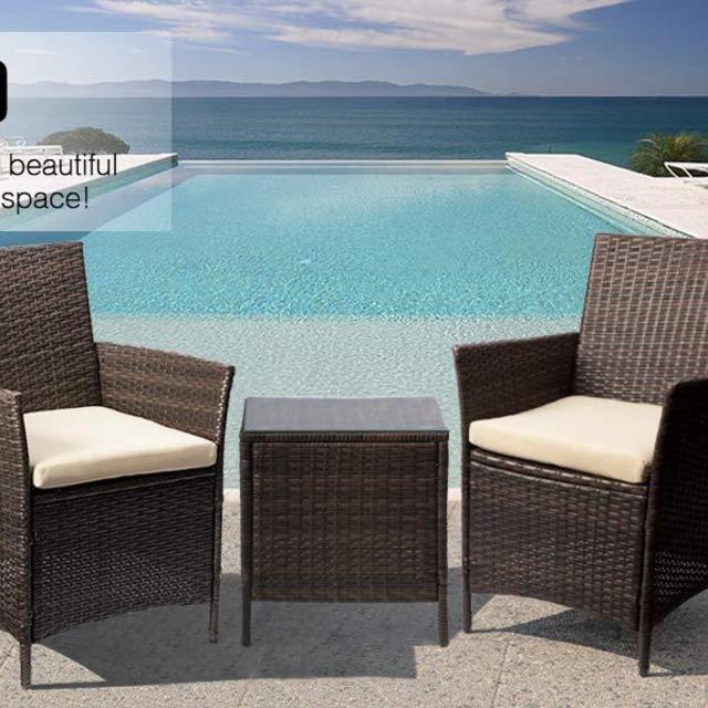 Devoko Patio Porch Furniture Sets 3 Pieces PE Rattan Wicker Chairs Beige Cushion with Table Outdoor Garden Furniture Sets (Brown)