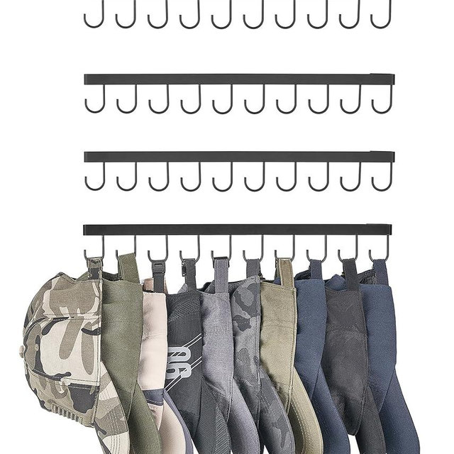 Mkono Hat Rack for Wall Hat Storage Organizer for 40 Baseball Caps, Modern Metal Closet Hat Hooks, Wall Mount Ball Caps Holder Organizer for Bedroom Entryroom Closet Organization, Set of 4, Black