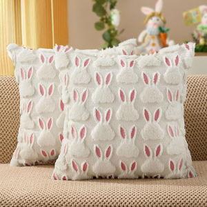 DFXSZ Easter Pillow Covers 20x20 inch Set of 2 Easter Decorations Pink Ears White Rabbit Soft Plush Faux Fur Jacquard Throw Pillows for Bedroom Sofa Holiday Festivals Home Decor FHJ-07D20
