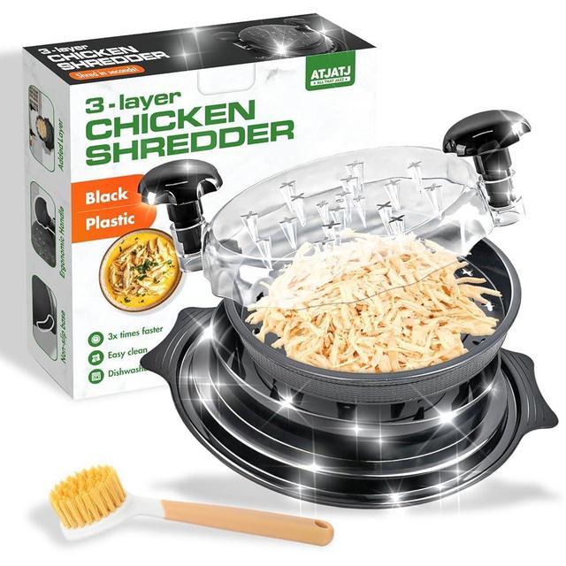 Chicken Shredder Tool Twist, Black Large 3-Layer Design with Brush, Chicken Breast Cutter, Transparent Lid, Anti-Slip Base, Ergonomic Handle, BPA-Free, Dishwasher Safe Meat Shredder for Kitchen