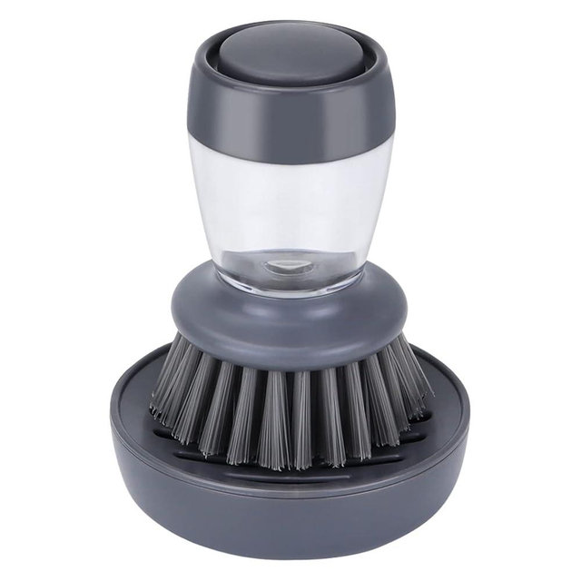 DAPOWER Dish Brush with Soap Dispenser, Kitchen Scrub Brush for Dishes Pots Pans Sink Cleaning, Dish Scrubber with Holder Set (Grey Handle & Nylon Bristles)