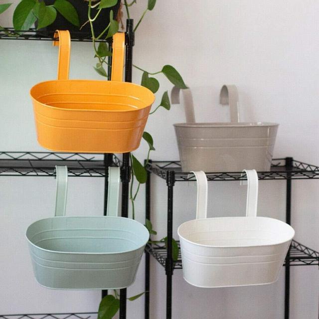 Alapaste Hanging Flower Pots Set of 4,Oval Metal Balcony Plant Holder with Hooks,Iron Wall Hanging Planter Bucket for Railing Fence Garden Home Decoration,