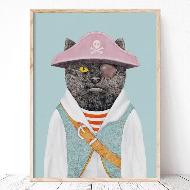 Pirate Cat Art Print - Blue Boys Room Wall Art - Black Cat Decor Prints