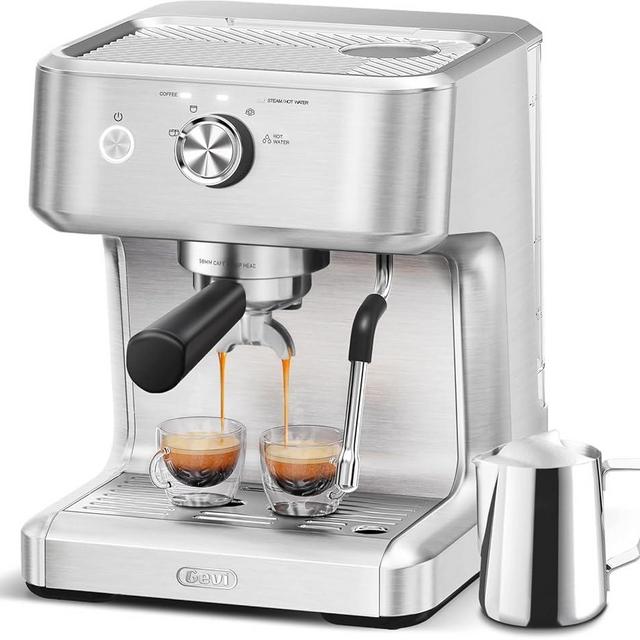 Gevi EzBru 1000 Espresso Machine, Barista Coffee Machine with Adjustable Temperature and Shot Volume, Stainless Steel Cappuccino Machine with Milk Frother, Express Coffee Machine for Coffee Lover
