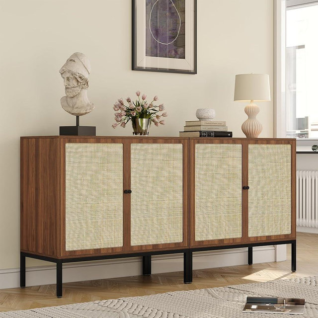 Yechen Set of 2 63" Walnut Sideboard Cabinet with Natural Rattan Doors, Buffet Console & Accent Cabinet, Rattan Credenza Storage with Metal Legs for Living Room, Kitchen, Dining Room