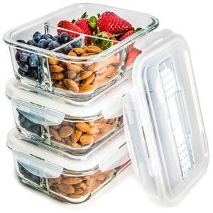 [3-Pack] Glass Meal Prep Containers 3 Compartment - Food Storage Container Set with Airtight Locking Lids with Cutlery Compartment - Portion Control - Microwave, Freezer, Oven & Dishwasher Safe