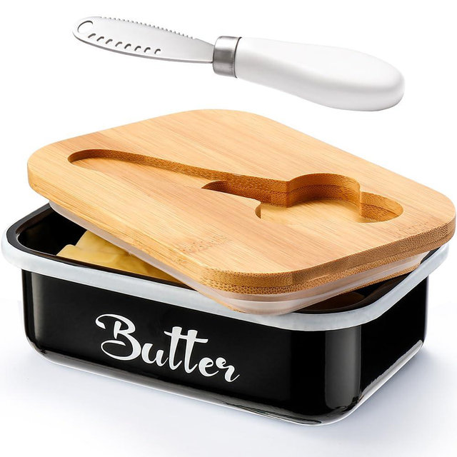 Butter Dish with Lid for Countertop, AISBUGUR Metal Butter Keeper with Stainless Steel Multipurpose Butter Knife, Large Butter Container with Double High-quality Silicone Good Kitchen Gift Black