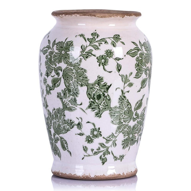 oliruim Vintage Green Chinoiserie Ceramic Vase, Rustic Farmhouse Floral Cracked Vase for Pastoral Home Decor, Living Room, Centerpieces, Shelf, Fireplace Tables, Pottery Decor (Green White)