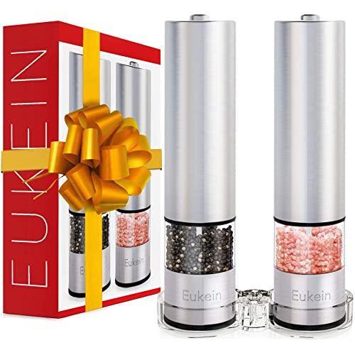 Eukein Electric Salt And Pepper Grinder Set, Battery Powered Automatic Salt Or Pepper Mill Shaker With A Light Set At Bottom, Bonus Tray, One Hand Grips Thumb Operation, Refillable, Ceramic Burr (Set of 2)