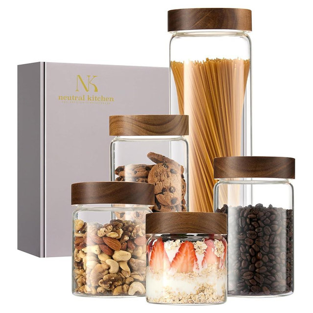 Neutral Kitchen Glass Canister Set of 5 with Acacia Wood Lids Airtight Food Storage Jars for Kitchen Pantry Organization Containers for Spaghetti, Flour, Sugar, Coffee, Tea, Overnight Oats Yogurt More
