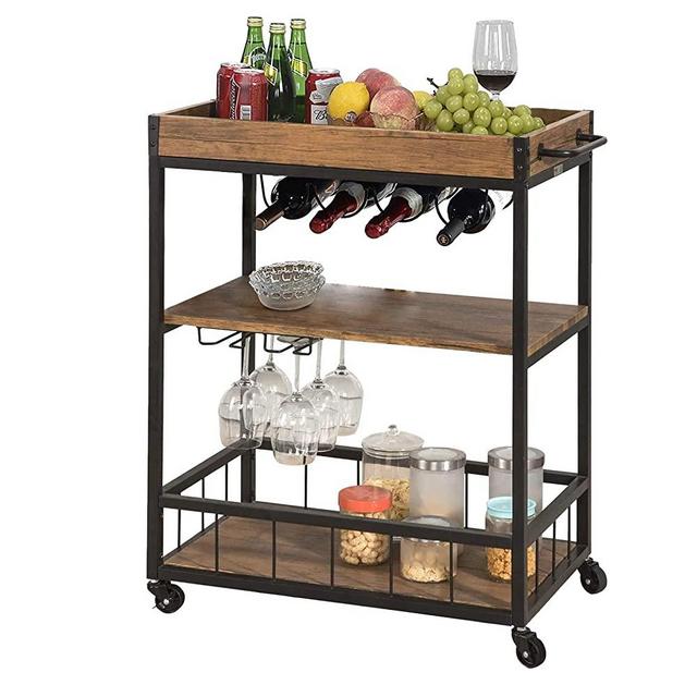YAKEY Bar Serving Cart Home Mobile Kitchen Serving cart on Wheels 3-Tier Wine Cart with Storage,Removable Tray, Industrial Vintage Style Wood Metal Serving Trolley 35.2" x 26.5" x 16", Brown