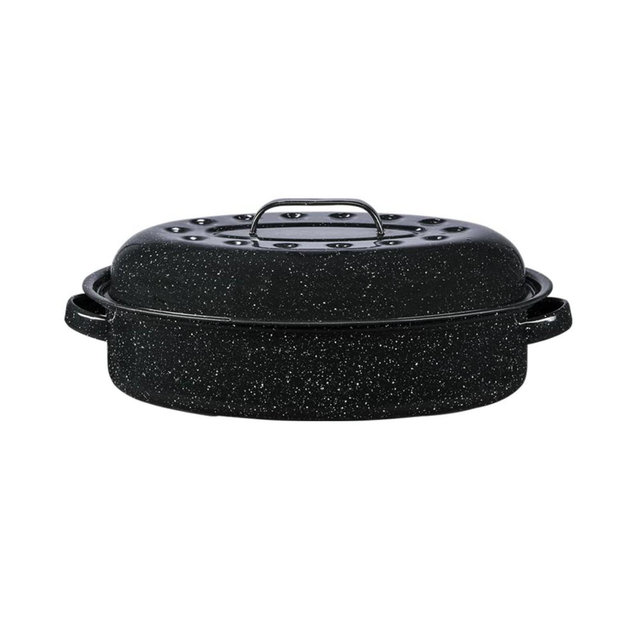 Granite Ware 15-Inch Oval Roaster With Lid, Enameled Steel Design, Up To 10 Lb Poultry/Roast, Resists Up To 932°F, Ideal for Preparing Meals for Two